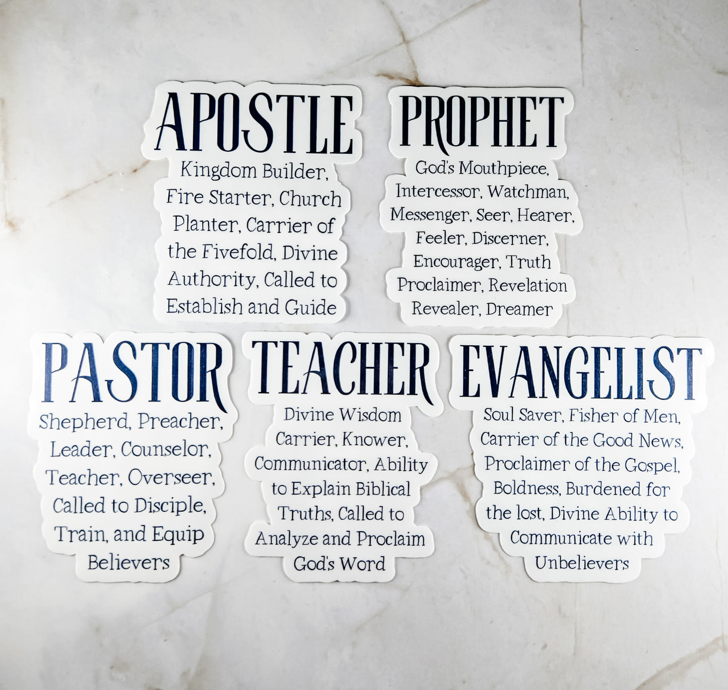 5 Pack Stickers - Apostle, Prophet, Evangelist, Pastor, Teacher