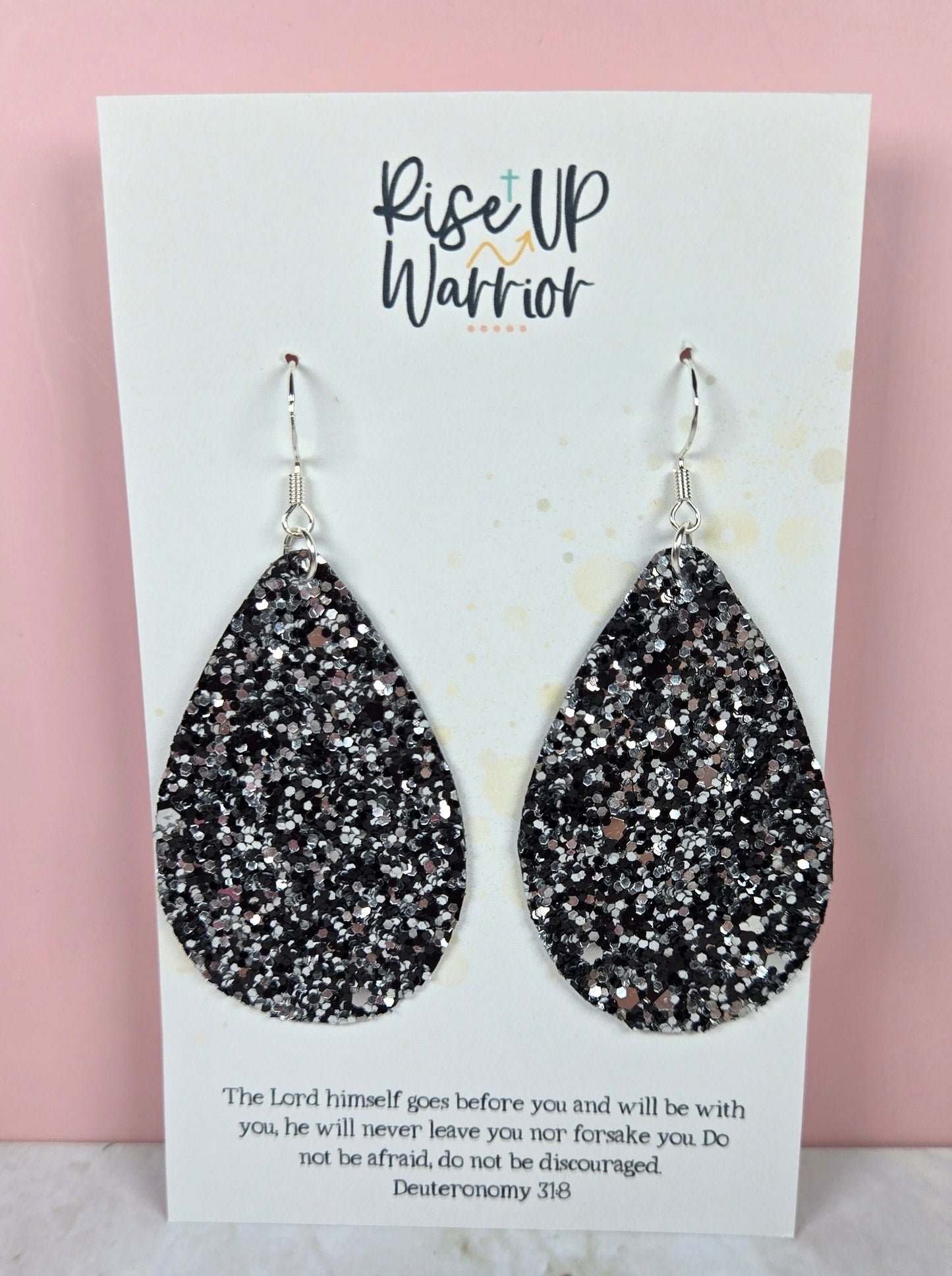 Black Silver Glitter Teardrop Earrings