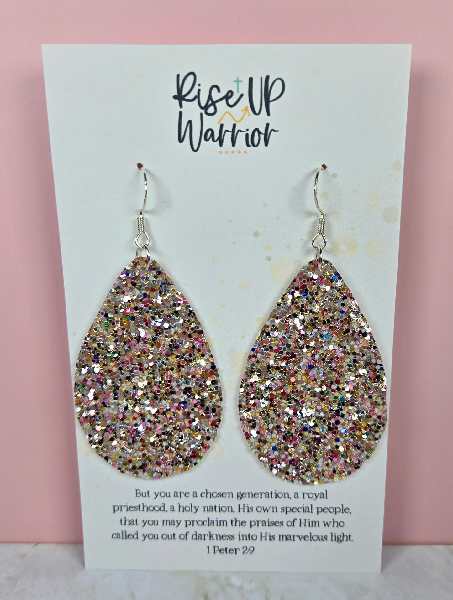 Pink Rainbow Multicolor Glitter Teardrop Earrings