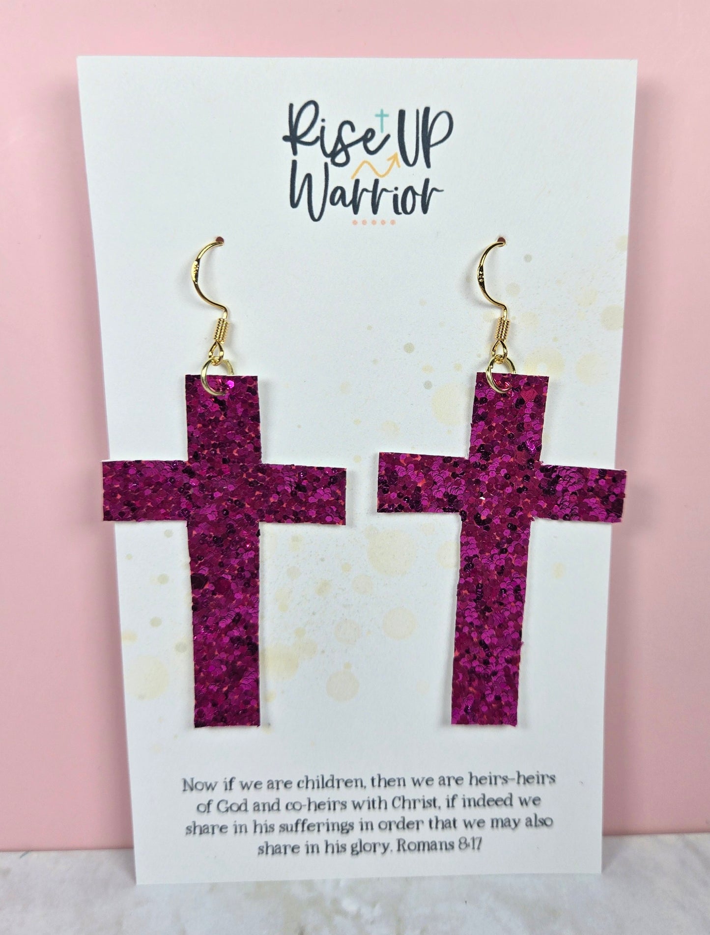 Magenta Glitter Cross Earrings