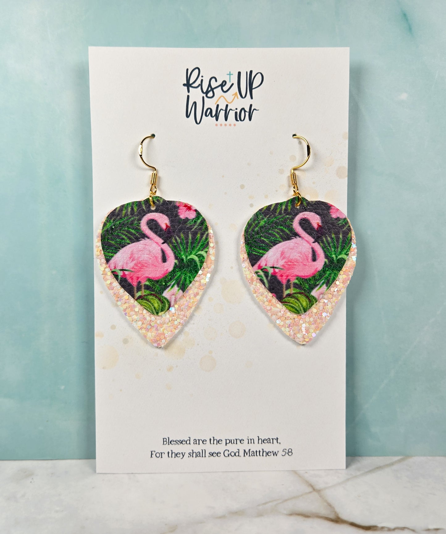 Layered Flamingo Glitter Leaf Earrings