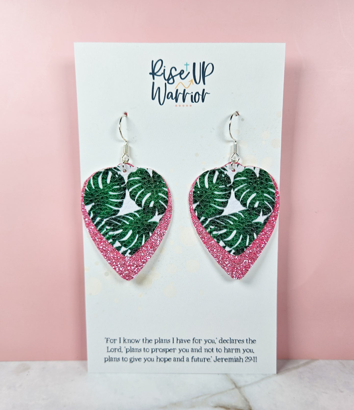 Layered Monstera Pink Glitter Leaf Earrings