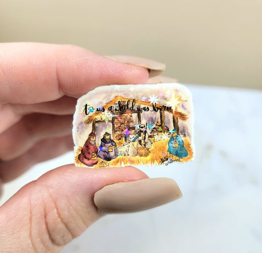 Holographic To Us a Child was Born Nativity Mini Sticker