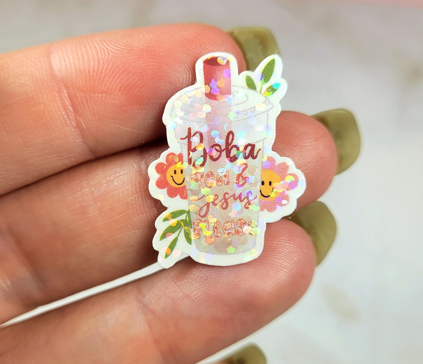 Holographic Boba Tea & Jesus Please Mini Sticker