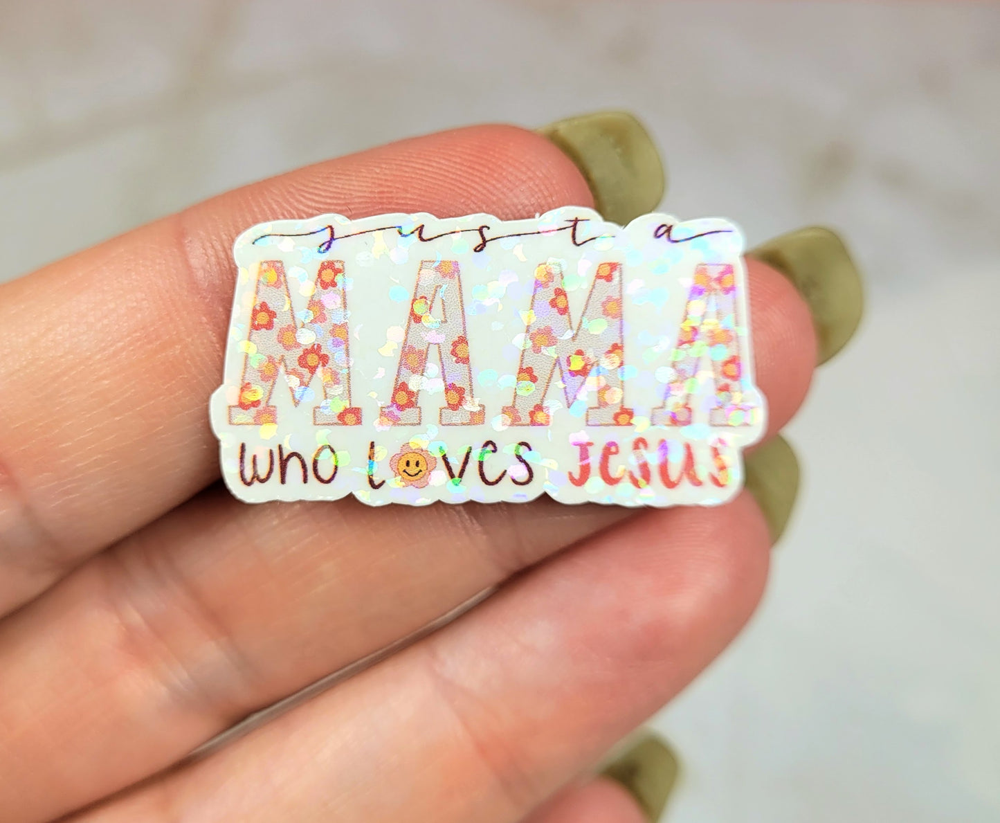 Holographic Mama Loves Jesus Mini Sticker