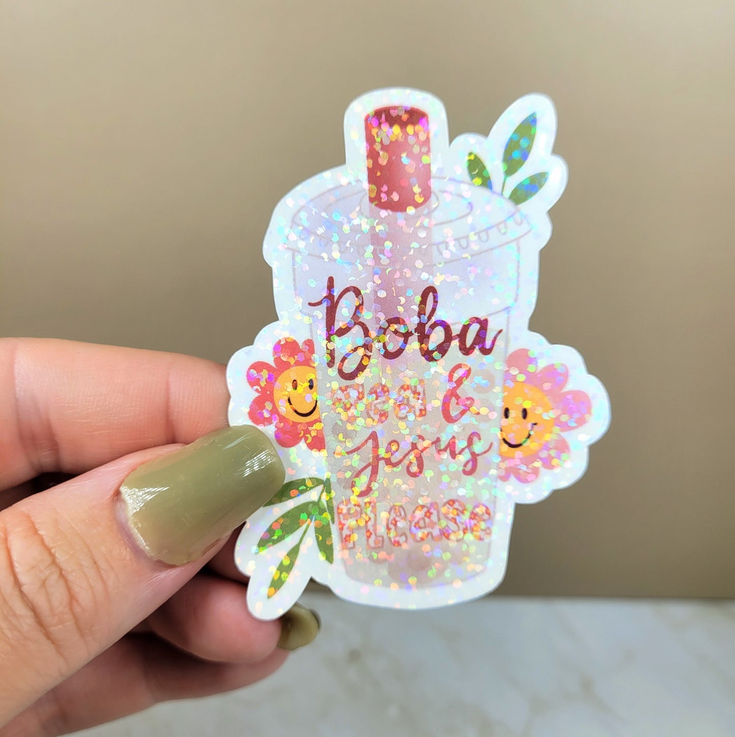 Holographic Boba Tea & Jesus Please Sticker