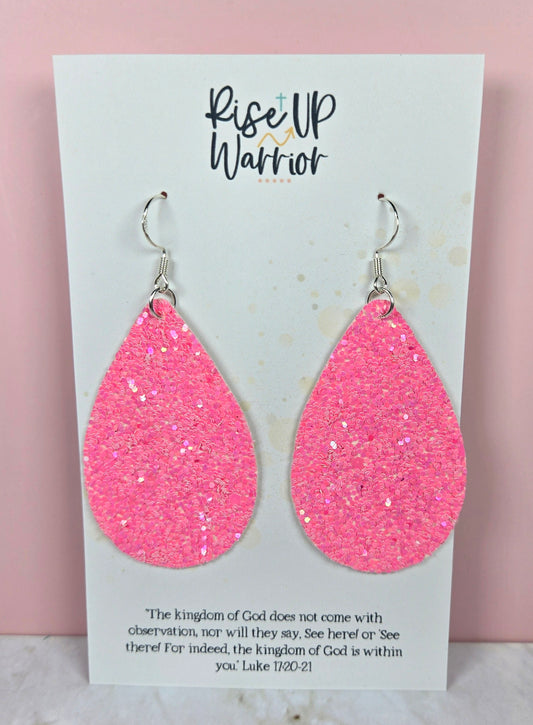 Hot Pink Glitter Teardrop Earrings