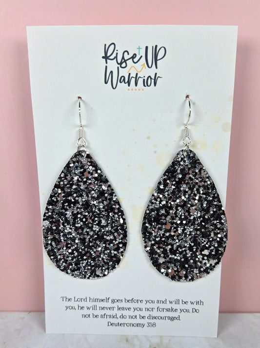 Black Silver Glitter Teardrop Earrings