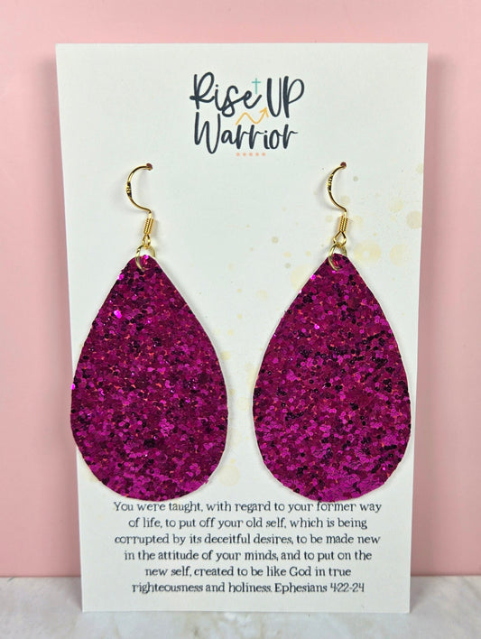 Magenta Glitter Teardrop Earrings