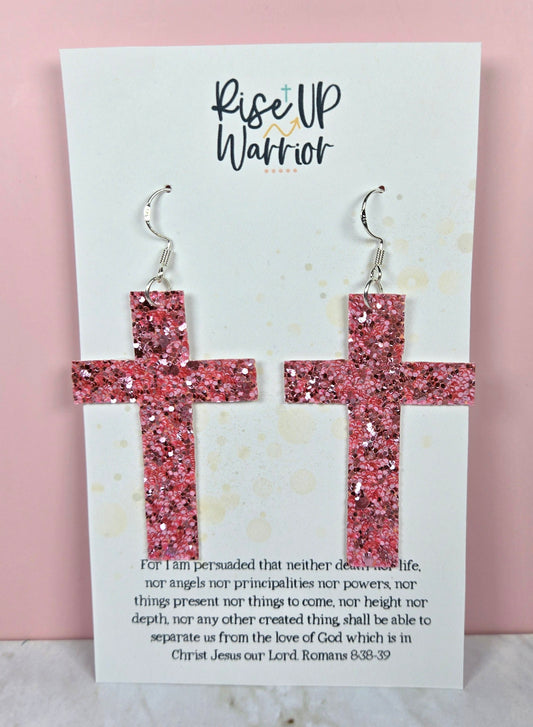 Pink Glitter Cross Earrings