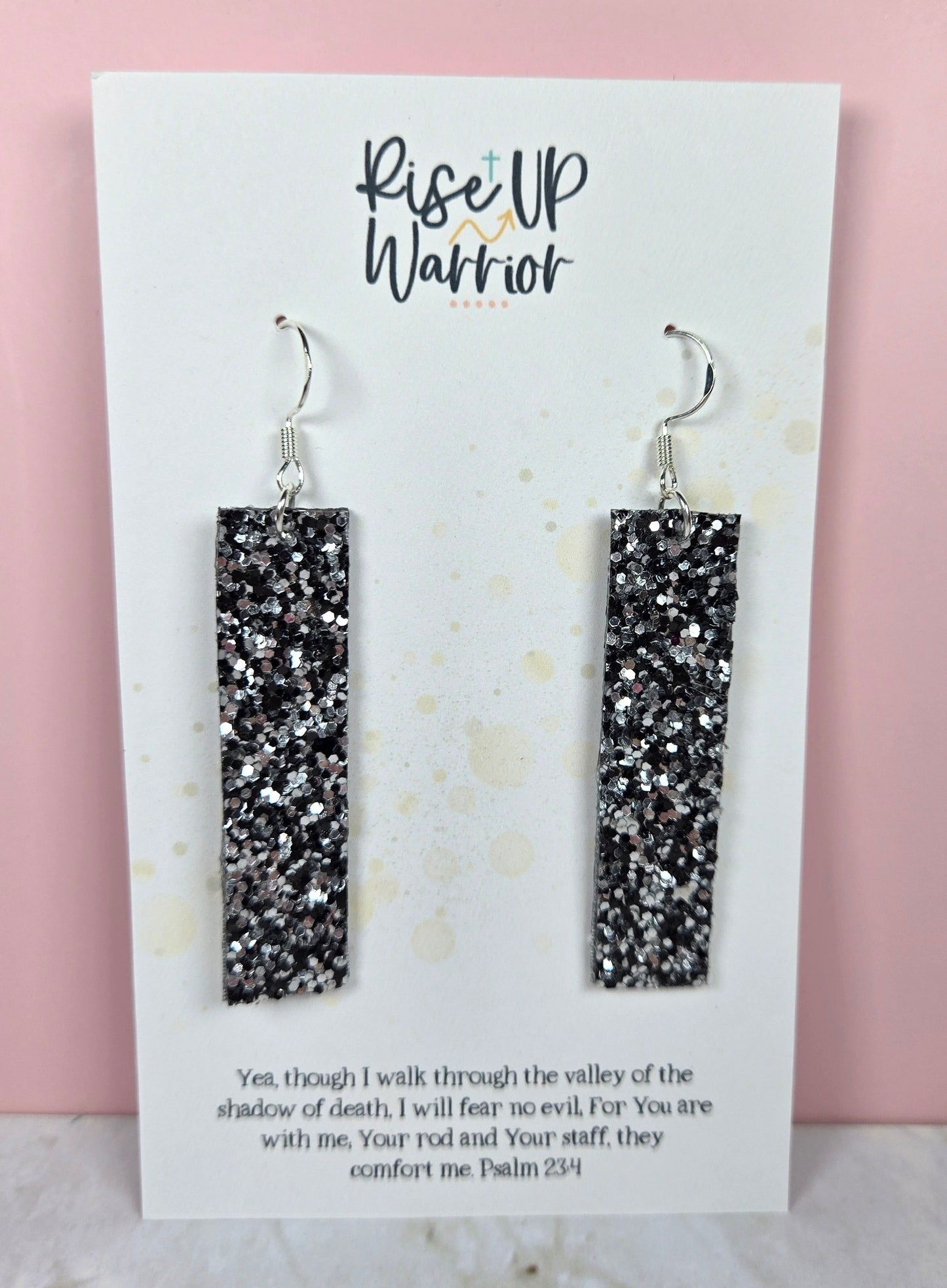 Black Silver Glitter Double Sided Bar Earrings