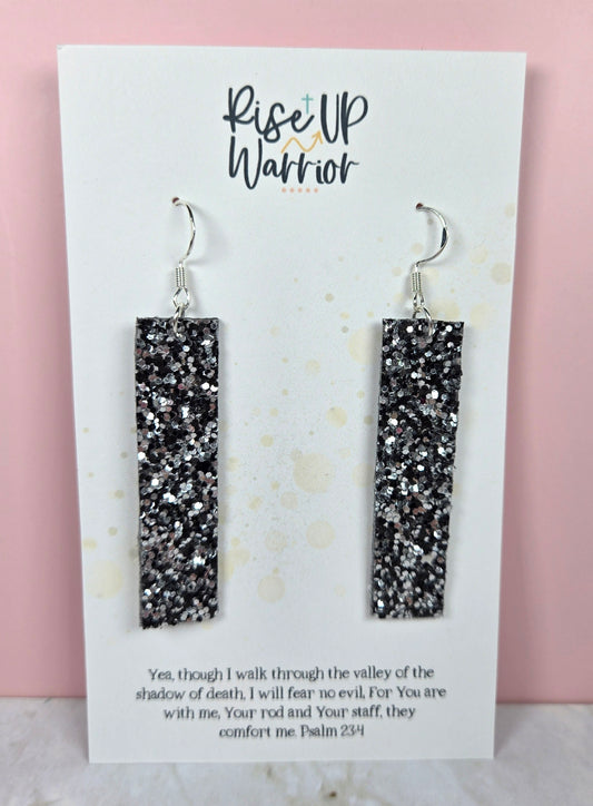 Black Silver Glitter Double Sided Bar Earrings