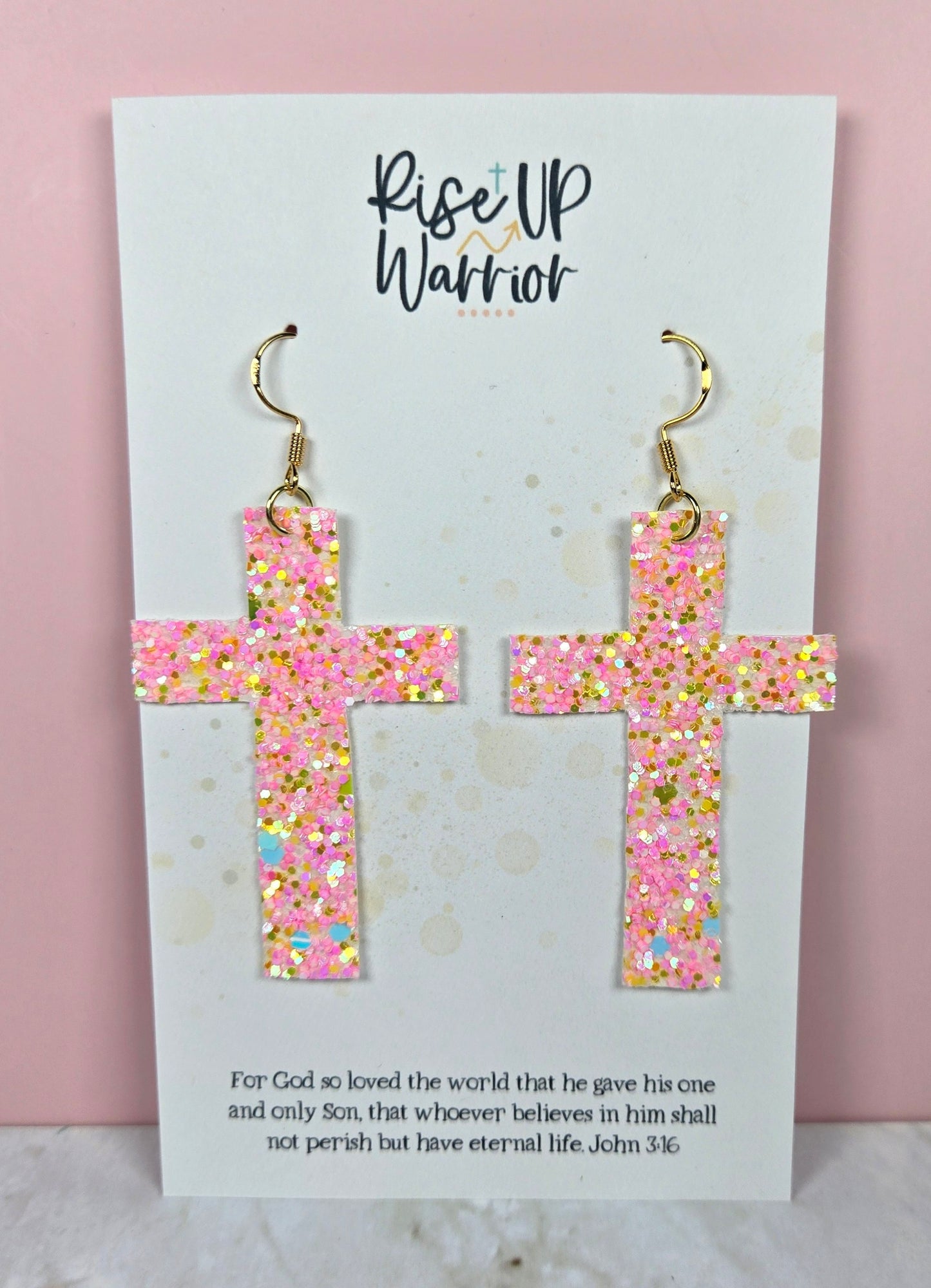 Pink Multicolor Glitter Cross Earrings