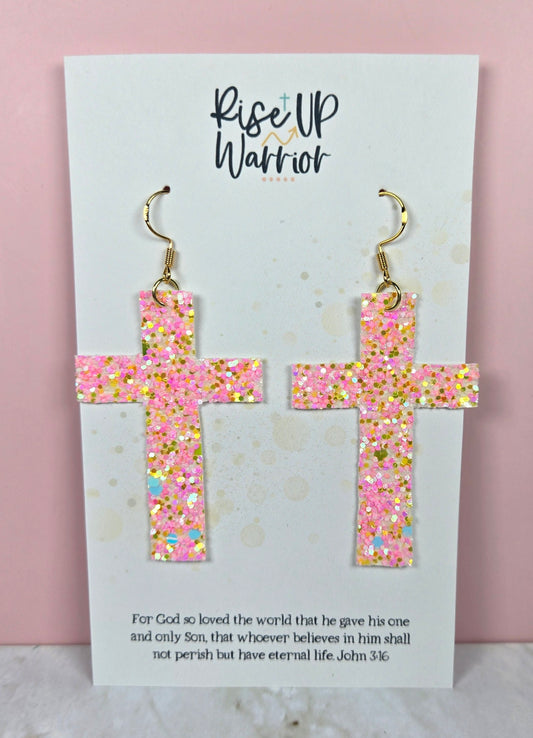 Pink Multicolor Glitter Cross Earrings