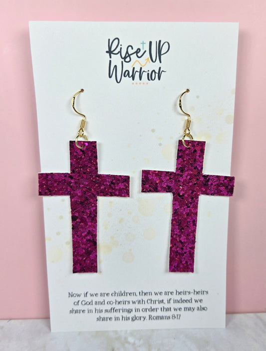 Magenta Glitter Cross Earrings