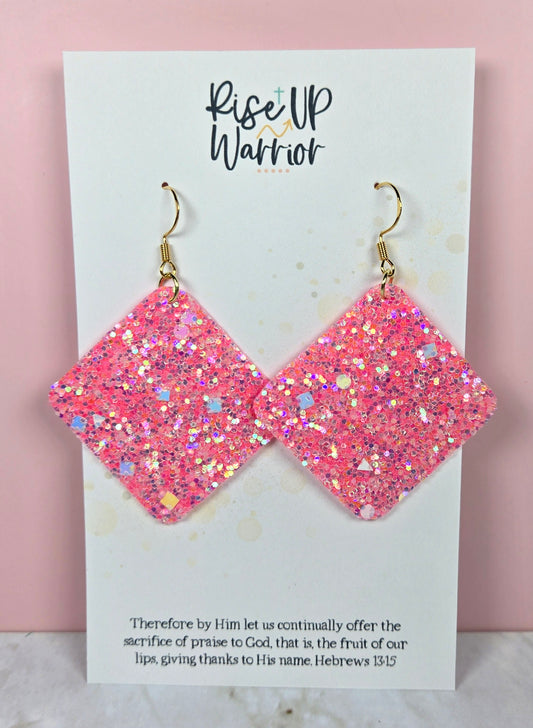 Hot Pink Holographic Glitter Square Earrings