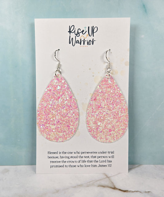 Pink & White Glitter Teardrop Earrings