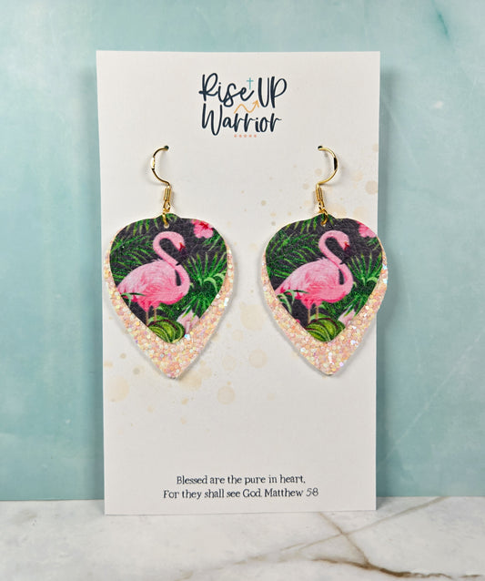Layered Flamingo Glitter Leaf Earrings