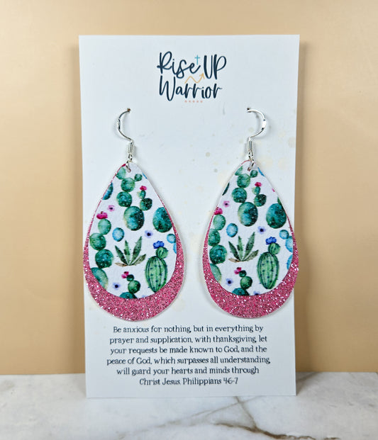 Layered Cactus Pink Glitter Teardrop Earrings