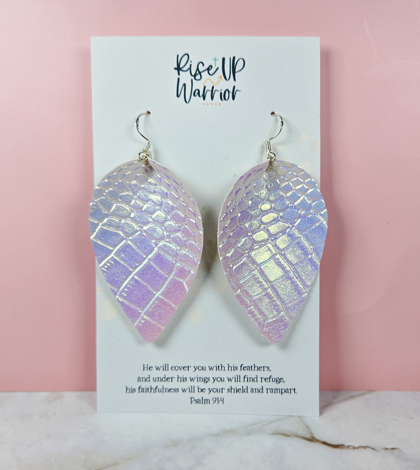 Iridescent White Textured Leaf Earrings