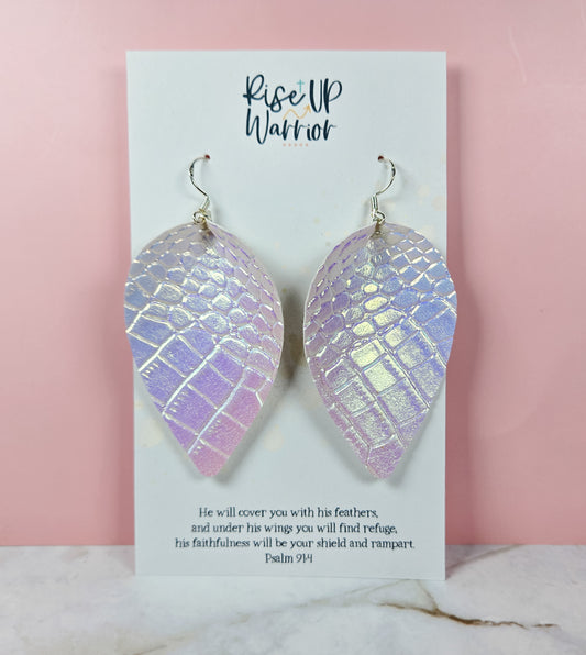 Iridescent White Textured Leaf Earrings