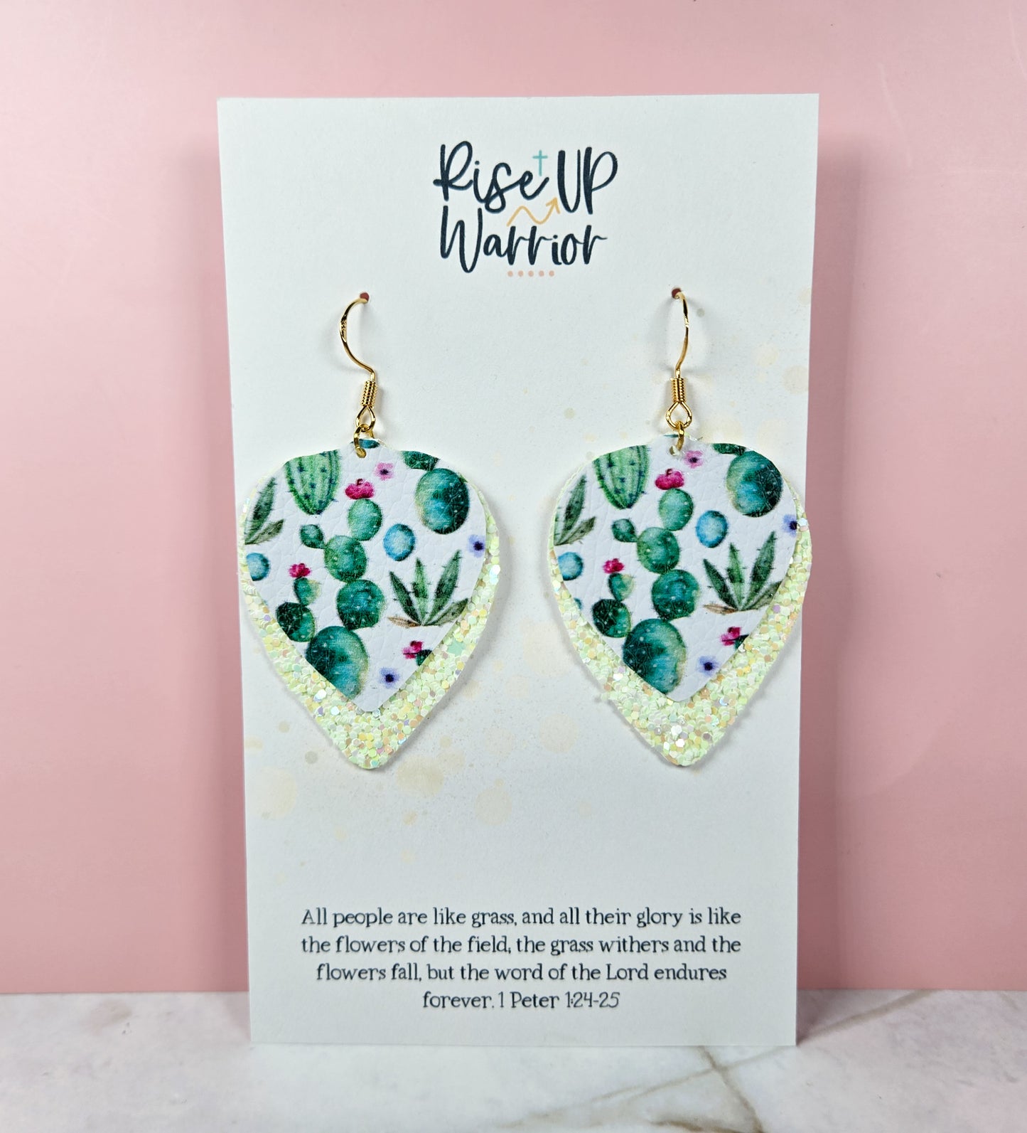 Layered Cactus Green Glitter Leaf Earrings