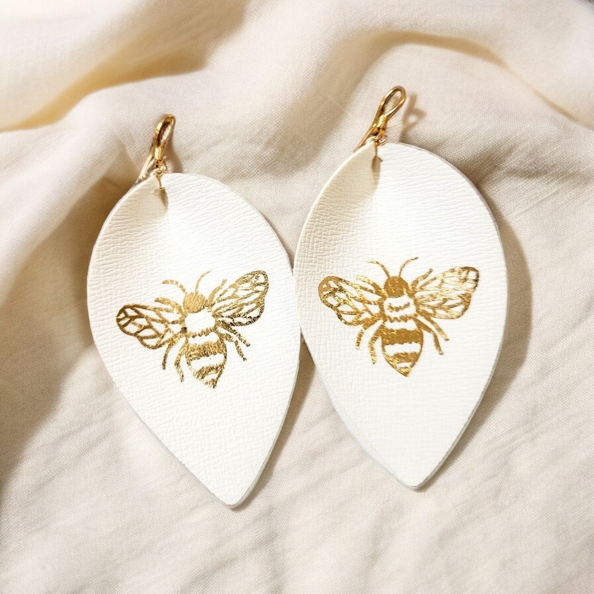 Deborah Arise Gold Foil Bee White Faux Leather Earrings