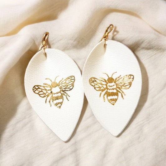 Deborah Arise Gold Foil Bee White Faux Leather Earrings