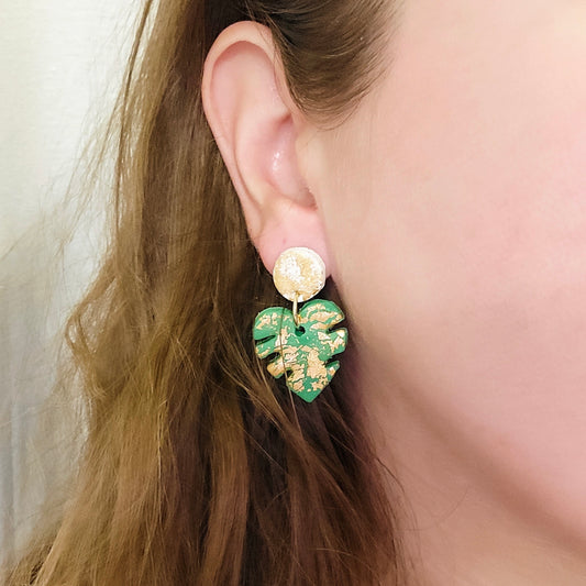 Clay Green & Gold Leaf Earrings
