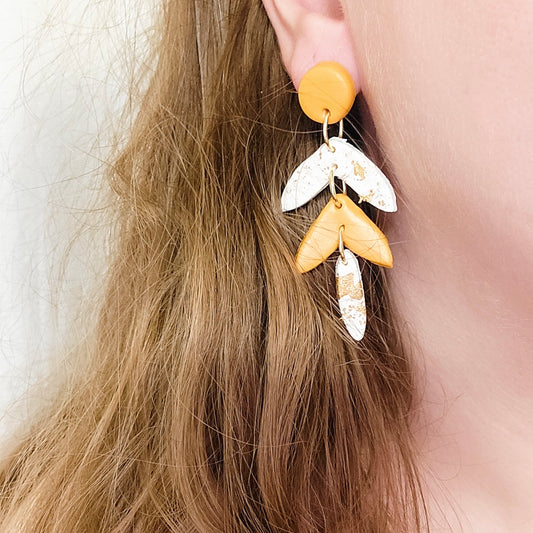 Clay Gold & White Leaf Earrings