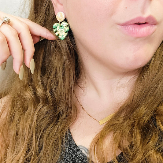 Clay Green & Gold Leaf Earrings