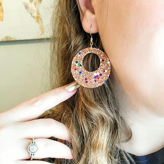 Rose Gold Glitter Circle Star Earrings
