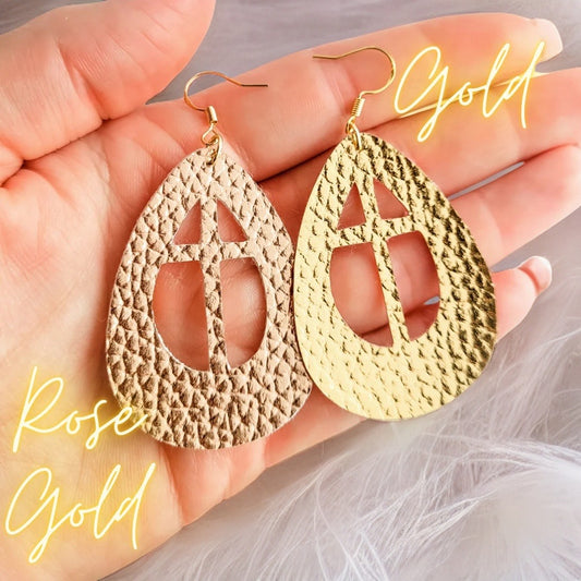 Gold Foil Teardrop Cross Earrings