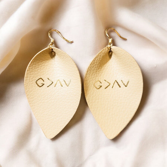 God is Greater than the Highs and Lows Faux Leather Light Tan Earrings