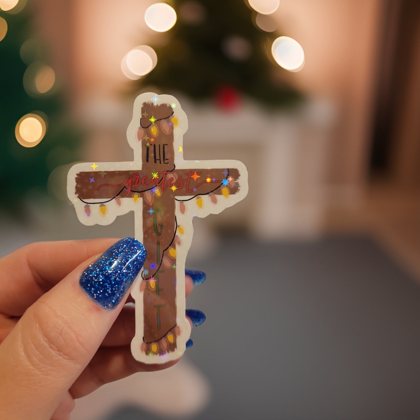 Holographic The Greatest Gift Cross Sticker