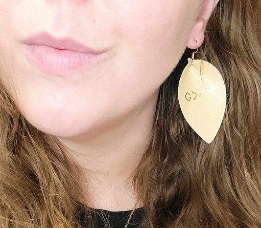God is Greater than the Highs and Lows Faux Leather Light Tan Earrings